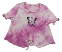 Růžovo-bílé batikované žebrované crop tričko s motýlem Shein