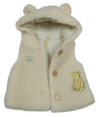 Smetanová huňatá zateplená vesta s medvídkem Pů a kapucí Tu