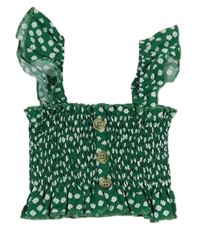 Tmavozeleno-bílý květovaný žabičkový crop top s knoflíky a volánky SHEIN