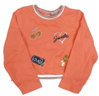 Lososová crop mikina s třešničkami a bleskem z flitrů a srdíčkem a nápisy