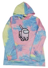 Modro-růžovo-žlutá batikovaná sportovní mikina s Among Us a kapsou a kapucí 