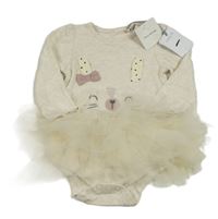 Nové - světlešedo-smetanové melírované body se zajíčkem a tylovou vrstvenou sukní Tu