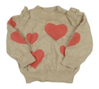 Béžový melírovaný svetr se srdíčky a volánky NUTMEG