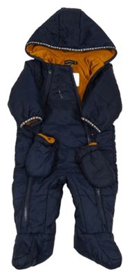 Tmavomodrá prošívaná šusťáková zimní kombinéza s kapucí + rukavice in extenso