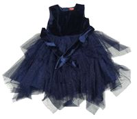 Tmavomodré sametovo/tylové slavnostní šaty se zlatými puntíky TisSAiA