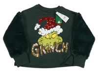 Nové - Tmavokhaki/smaragdová teplákovo/kožešinová vánoční crop mikina s Grinchem a flitry 
