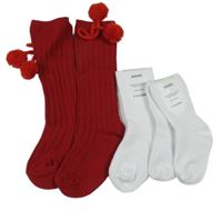 Nové - 3Set - 1x - Červené žebrované podkolenky s bambulemi + 2x - bílé žebrované ponožky 
