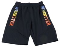 Tmavomodré sportovní teplákové kraťasy s nápisy 