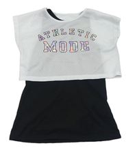 Bílé síťované crop tričko s nápisy a všitým černým topem H&M