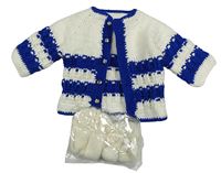 2set - Bílo-safírový propínací svetr + smetanové pletené capáčky