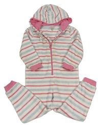 Bílo-světlemodro-růžová pruhovaná chlupatá kombinéza s kapucí Joules