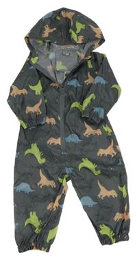 Antracitová šusťáková nepromokavá kombinéza s dinosaury a kapucí Dunnes