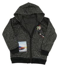 Černá melírovaná pletená propínací mikina s autem a kapucí