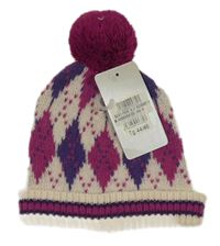 Nové - Smetanovo-fialovo-fuchsiová vzorovaná vlněná čepice s bambulí