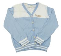 Světlemodro-bílý propínací svetr s nápisem