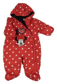 Červená puntíkatá šusťáková zimní kombinéza s Minnie a kapucí George