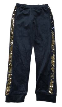 Tmavomodré sametové tepláky s pruhem z flitrů Pep&Co