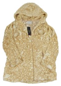 Nové - béžovo-bílý vzorovaný kožešinový podšitý kabát s kapucí 