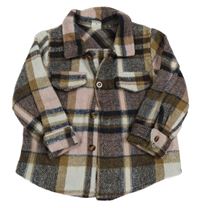 Hnědo-růžová kostkovaná lehká košilová bunda shein