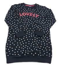 Tmavomodré puntíkaté teplákové šaty s nápisem 