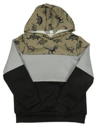 Khaki-šedo-černá mikina s dinosaury a kapucí Shein