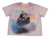 Lila crop tričko s kočičkou H&M