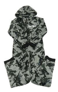 Šedo-černá vzorovaná plyšová kombinéza s postavami a kapucí - Fortnite 