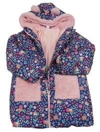 Tmavomodro-růžová květovaná šusťáková přechodová bunda se zvířátky a kapucí Little kids
