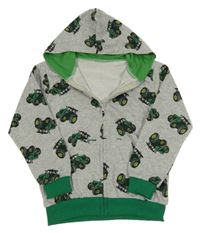 Šedo-zelená propínací mikina s traktory a kapucí 
