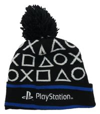 Černo-bílo-tmavomodrá čepice s bambulí - PlayStation
