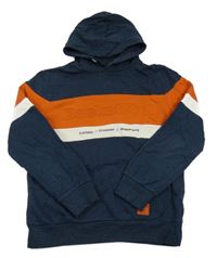 Tmavomodro-oranžovo-bílá mikina s 3D nápisem a kapucí C&A