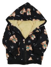 Černá šusťáková zateplená bunda s medvědy a kapucí