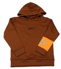 Hnědo-neonově oranžová thermo mikina s nápisem a kapucí 