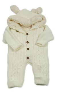 Smetanová pletená zateplená kombinéza s kapucí