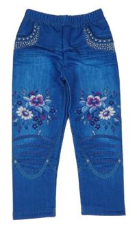 Modré legíny riflového vzhledu s květinami 