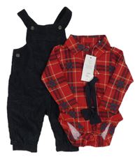 Nové - 3Set - Červené body s motýlkem + modré laclové kalhoty F&F