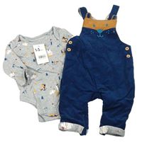 2set - Tmavomodré laclové podšité manšestráky + body Mothercare