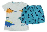 2set - Bílé tričko s dinosaury + modré vzorované kraťasy M&S