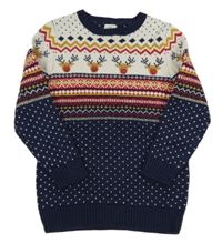 Tmavomodro-bílý vzorovaný svetr se soby s bambulemi F&F