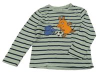 Světlekhaki-tmavomodré pruhované triko s myší a slonem 