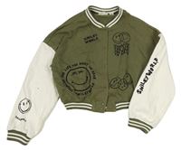 Khaki-bílá baseballová crop mikina se smajlíky H&M