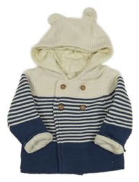 Bílo-tmavomodrý pruhovaný propínací podšitý svetr s kapucí M&S