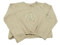 Béžové crop triko s flitry a uzlem Tu