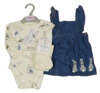 Nové - 3 set - Bílé body s králíčky + tmavomodré riflové laclové šaty s králíčky + smetanové punčocháče M&S