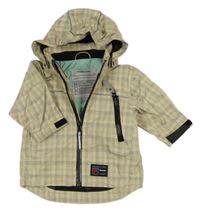 Béžovo-hnědá kostkovaná šusťáková jarní bunda s odepínací kapucí Polarn O. Pyret