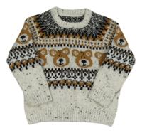 Bílo-béžovo-černý vzorovaný svetr s medvídky Dunnes