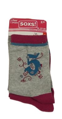 Nové - 2x Šedo-purpurové ponožky s obrázky Soxs! vel. 27-30