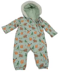 Světlezelená šusťáková zimní kombinéza se zvířátky a kapucí Tu