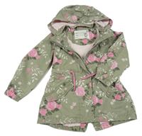 Khaki-růžová květovaná plátěná jarní parka s kapucí DopoDopo 