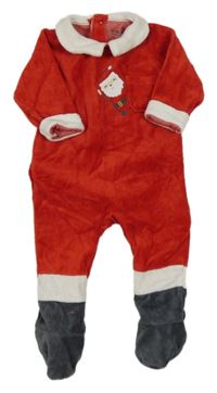 Červeno-bílo-tmavošedý sametový vánoční overal se Santou a kapsou a límečkem Vertbaudet
